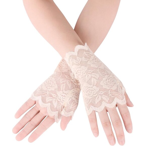 Accessories - Women's Apricot Fingerless Floral Short Lace Gloves Halloween Party Accessories